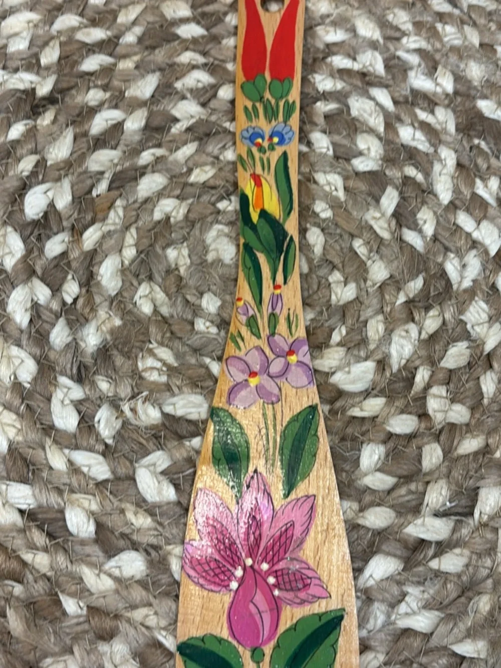Hand-Painted Floral Wooden Spoon - Pink & Green